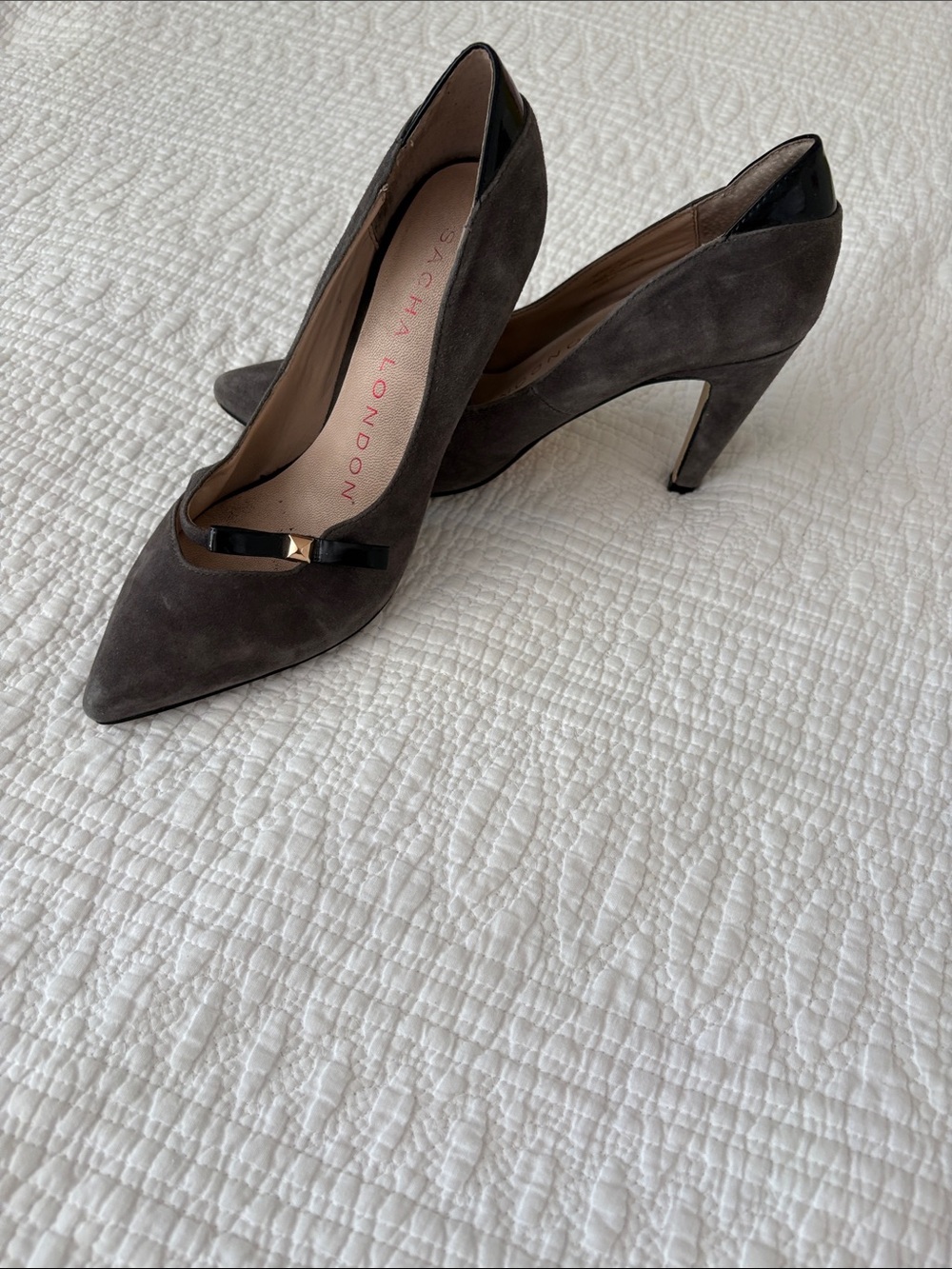 Sacha London Gray Suede Pointed Toe Heels with Patent Trim